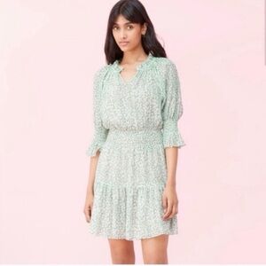 NWT Rebecca Taylor Silk Green Ikat Leaf Print Metallic Smock Waist Mini Dress